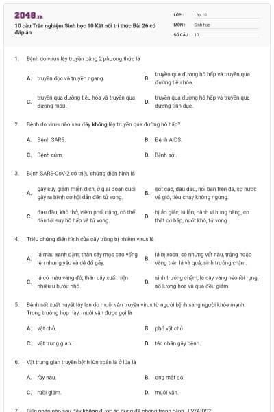 10 câu Trắc nghiệm Sinh học 10 Kết nối tri thức Bài 26 có đáp án