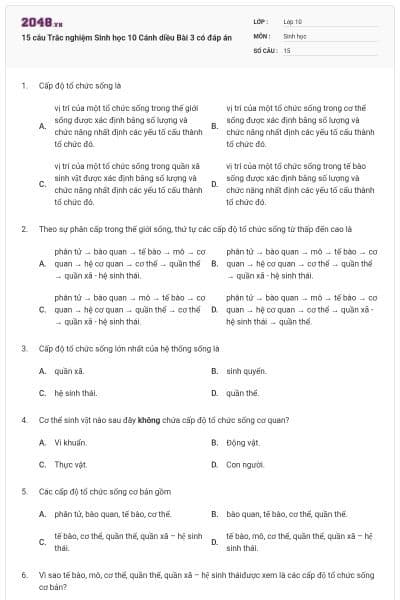 15 câu Trắc nghiệm Sinh học 10 Cánh diều Bài 3 có đáp án