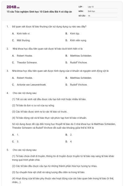 15 câu Trắc nghiệm Sinh học 10 Cánh diều Bài 4 có đáp án