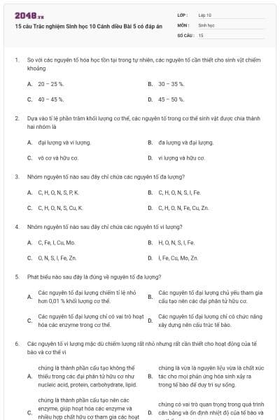 15 câu Trắc nghiệm Sinh học 10 Cánh diều Bài 5 có đáp án