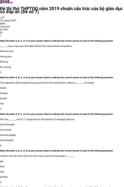 Đề thi thử THPTQG năm 2019 chuẩn cấu trúc của bộ giáo dục có đáp án (Đề số 7)
