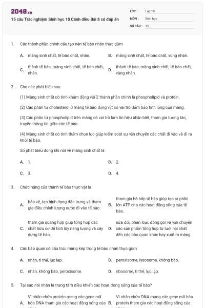 15 câu Trắc nghiệm Sinh học 10 Cánh diều Bài 8 có đáp án