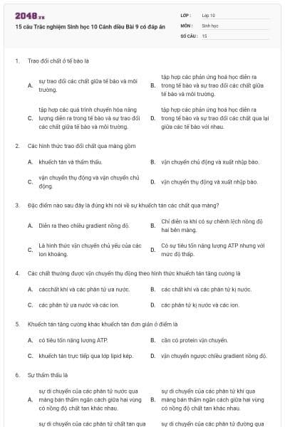 15 câu Trắc nghiệm Sinh học 10 Cánh diều Bài 9 có đáp án