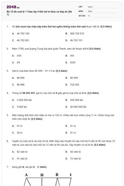 Bộ 15 đề cuối kì 1 Toán lớp 4 Kết nối tri thức có đáp án (Đề 1)