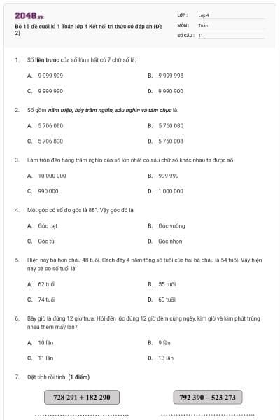 Bộ 15 đề cuối kì 1 Toán lớp 4 Kết nối tri thức có đáp án (Đề 2)