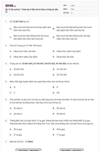 Bộ 15 đề cuối kì 1 Toán lớp 4 Kết nối tri thức có đáp án (Đề 3)