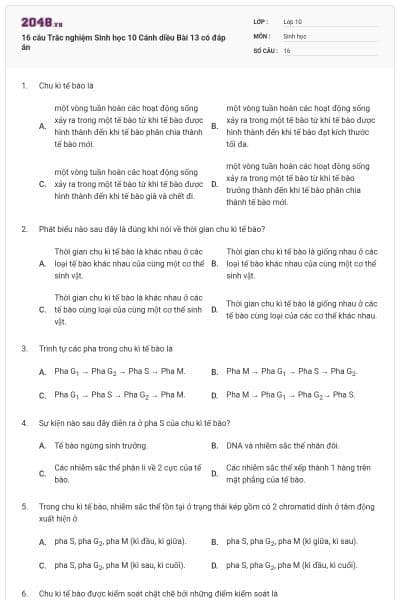 16 câu Trắc nghiệm Sinh học 10 Cánh diều Bài 13 có đáp án