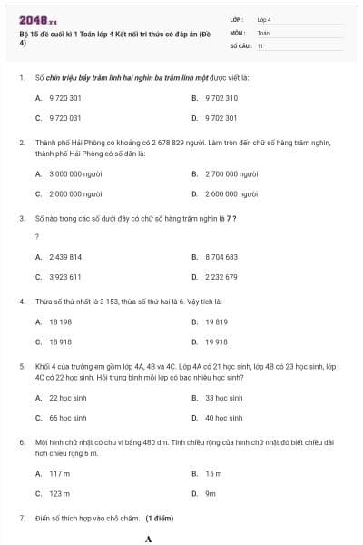 Bộ 15 đề cuối kì 1 Toán lớp 4 Kết nối tri thức có đáp án (Đề 4)