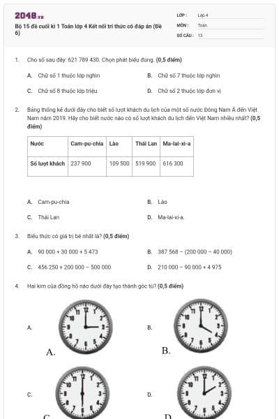 Bộ 15 đề cuối kì 1 Toán lớp 4 Kết nối tri thức có đáp án (Đề 6)