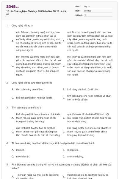 15 câu Trắc nghiệm Sinh học 10 Cánh diều Bài 16 có đáp án