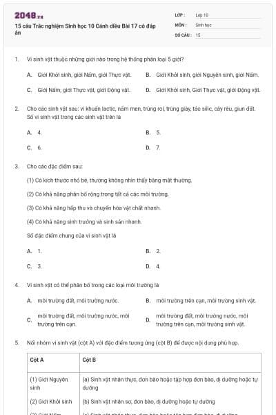 15 câu Trắc nghiệm Sinh học 10 Cánh diều Bài 17 có đáp án