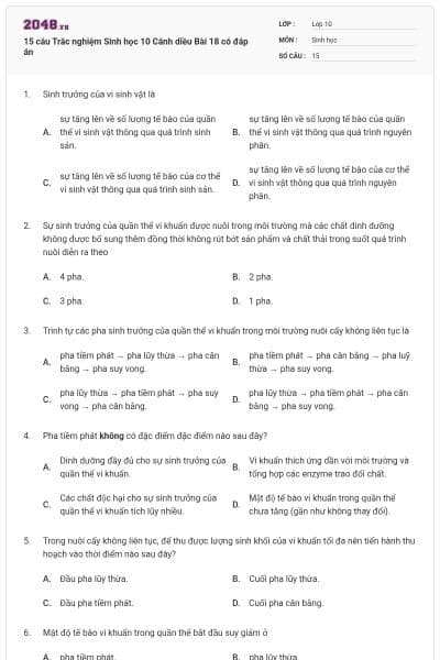 15 câu Trắc nghiệm Sinh học 10 Cánh diều Bài 18 có đáp án