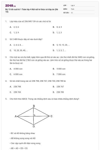 Bộ 15 đề cuối kì 1 Toán lớp 4 Kết nối tri thức có đáp án (Đề 10)