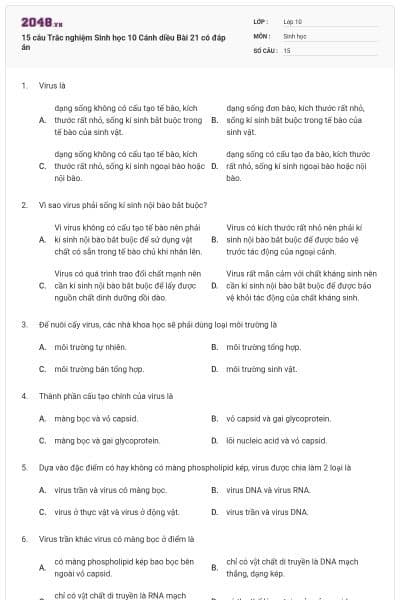 15 câu Trắc nghiệm Sinh học 10 Cánh diều Bài 21 có đáp án