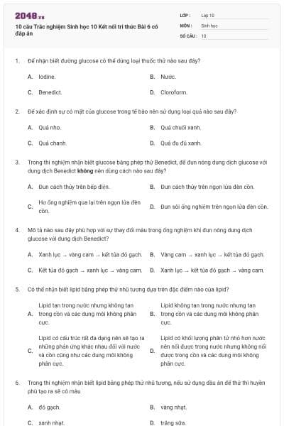 10 câu Trắc nghiệm Sinh học 10 Kết nối tri thức Bài 6 có đáp án
