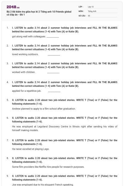 Bộ 2 Đề kiểm tra giữa học kì 2 Tiếng anh 10 Friends global có đáp án - Đề 1