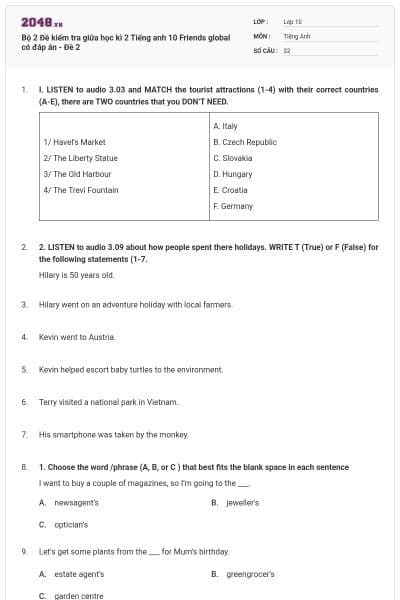 Bộ 2 Đề kiểm tra giữa học kì 2 Tiếng anh 10 Friends global có đáp án - Đề 2