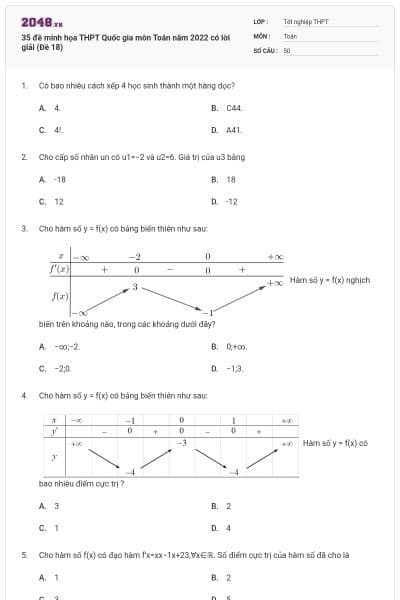 35 đề minh họa THPT Quốc gia môn Toán năm 2022 có lời giải (Đề 18)