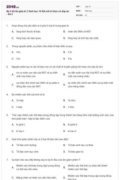 Bộ 4 đề thi giữa kì 2 Sinh học 10 Kết nối tri thức có đáp án - Đề 2