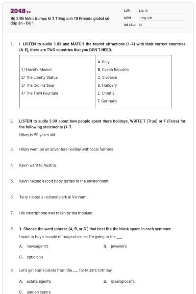Bộ 2 Đề kiểm tra học kì 2 Tiếng anh 10 Friends global có đáp án - Đề 1