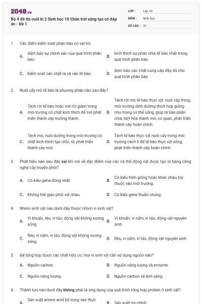 Bộ 4 đề thi cuối kì 2 Sinh học 10 Chân trời sáng tạo có đáp án - Đề 1