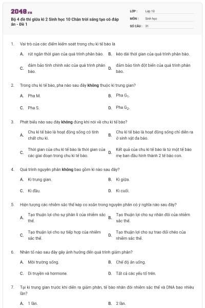 Bộ 4 đề thi giữa kì 2 Sinh học 10 Chân trời sáng tạo có đáp án - Đề 1