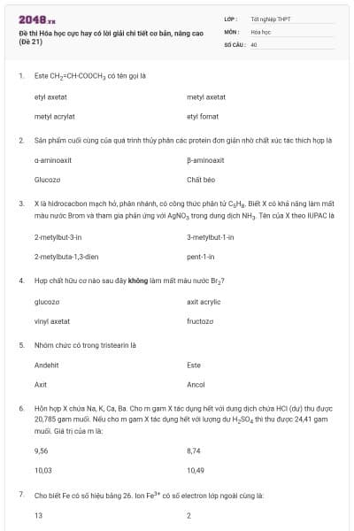 Đề thi Hóa học cực hay có lời giải chi tiết cơ bản, nâng cao (Đề 21)