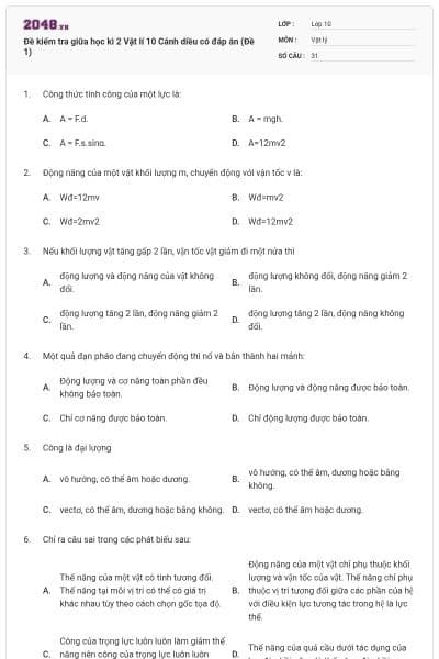 Đề kiểm tra giữa học kì 2 Vật lí 10 Cánh diều có đáp án (Đề 1)