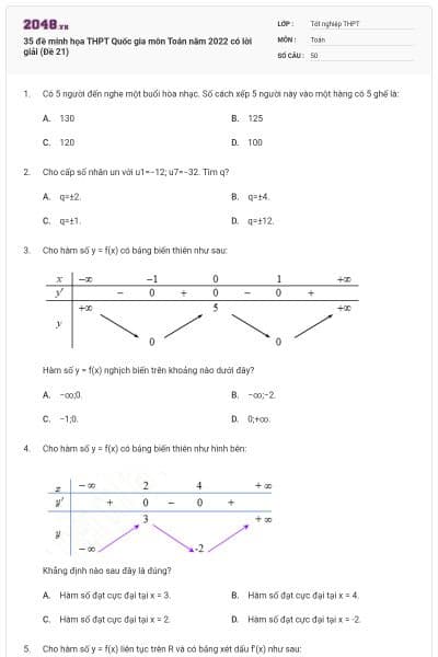 35 đề minh họa THPT Quốc gia môn Toán năm 2022 có lời giải (Đề 21)