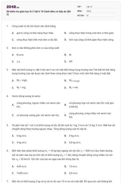 Đề kiểm tra giữa học kì 2 Vật lí 10 Cánh diều có đáp án (Đề 2)
