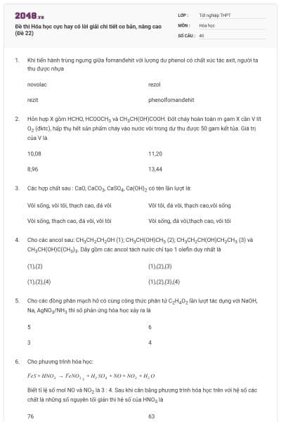 Đề thi Hóa học cực hay có lời giải chi tiết cơ bản, nâng cao (Đề 22)