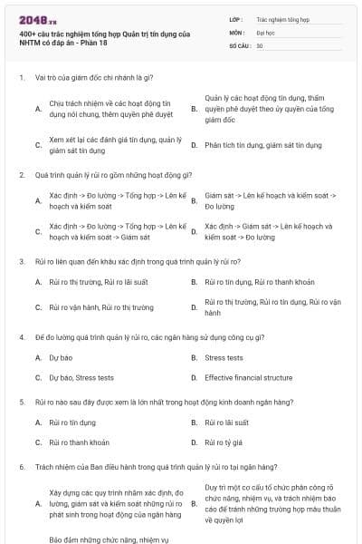 400+ câu trắc nghiệm tổng hợp Quản trị tín dụng của NHTM có đáp án - Phần 18