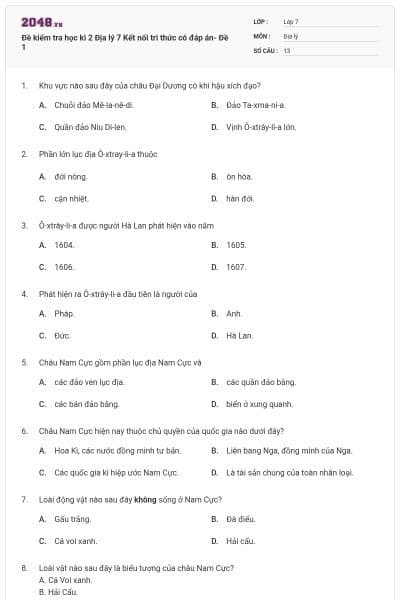 Đề kiểm tra học kì 2 Địa lý 7 Kết nối tri thức có đáp án- Đề 1
