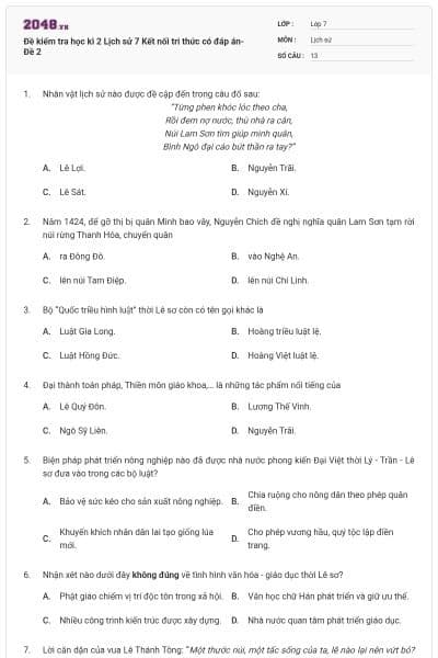 Đề kiểm tra học kì 2 Lịch sử 7 Kết nối tri thức có đáp án- Đề 2