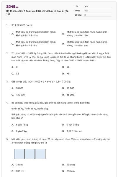 Bộ 15 đề cuối kì 1 Toán lớp 4 Kết nối tri thức có đáp án (Đề 15)