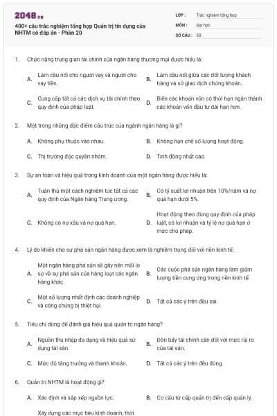 400+ câu trắc nghiệm tổng hợp Quản trị tín dụng của NHTM có đáp án - Phần 20