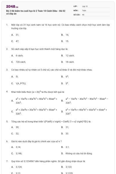 Bộ 2 Đề kiểm tra cuối học kì 2 Toán 10 Cánh Diều - Đề 02 có đáp án