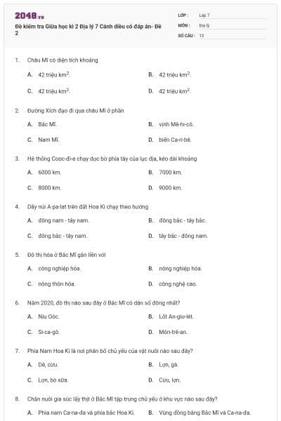 Đề kiểm tra Giữa học kì 2 Địa lý 7 Cánh diều có đáp án- Đề 2