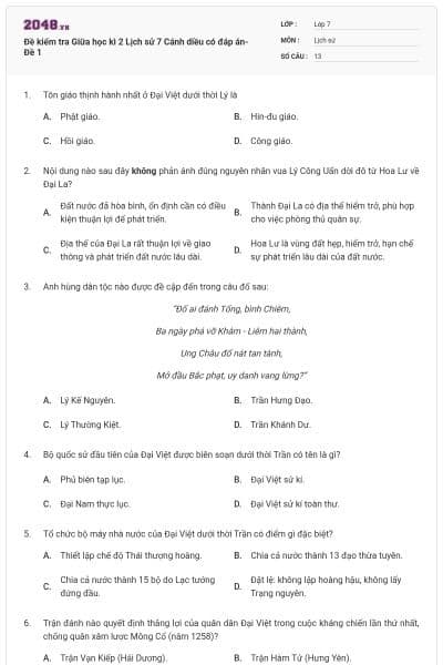 Đề kiểm tra Giữa học kì 2 Lịch sử 7 Cánh diều có đáp án- Đề 1