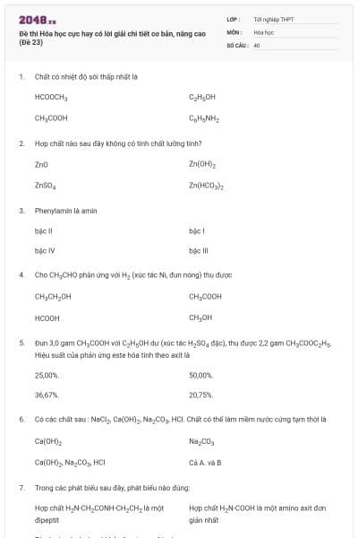 Đề thi Hóa học cực hay có lời giải chi tiết cơ bản, nâng cao (Đề 23)
