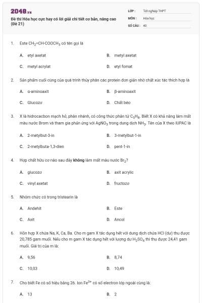 Đề thi Hóa học cực hay có lời giải chi tiết cơ bản, nâng cao (Đề 21)