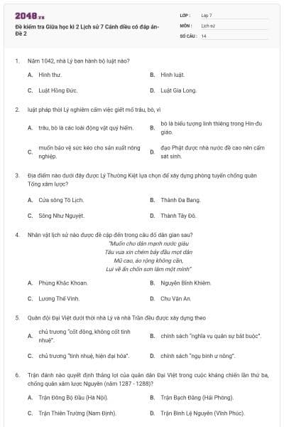 Đề kiểm tra Giữa học kì 2 Lịch sử 7 Cánh diều có đáp án- Đề 2