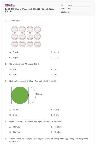 Bộ 20 đề thi học kì 1 Toán lớp 3 Kết nối tri thức có đáp án (Đề 14)
