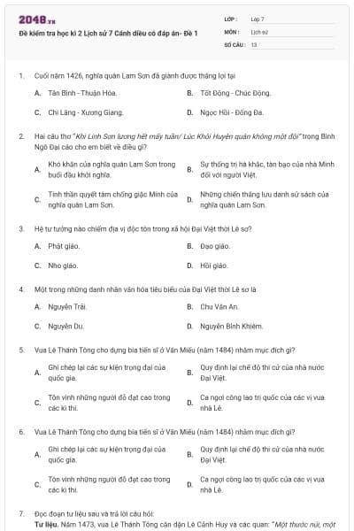 Đề kiểm tra học kì 2 Lịch sử 7 Cánh diều có đáp án- Đề 1
