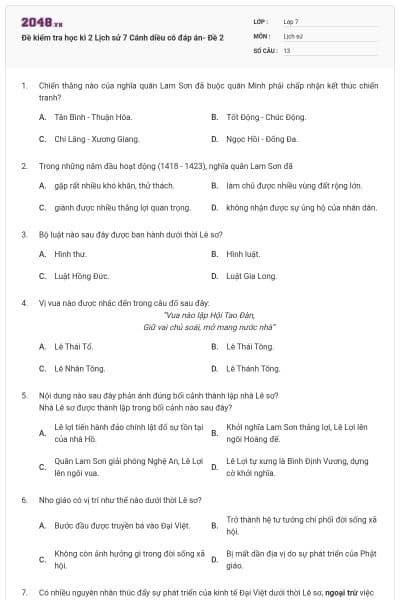 Đề kiểm tra học kì 2 Lịch sử 7 Cánh diều có đáp án- Đề 2