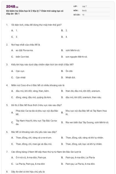 Đề kiểm tra Giữa học kì 2 Địa lý 7 Chân trời sáng tạo có đáp án- Đề 1