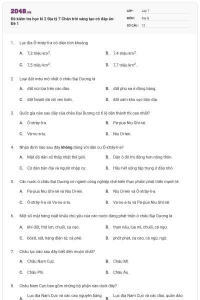 Đề kiểm tra học kì 2 Địa lý 7 Chân trời sáng tạo có đáp án- Đề 1