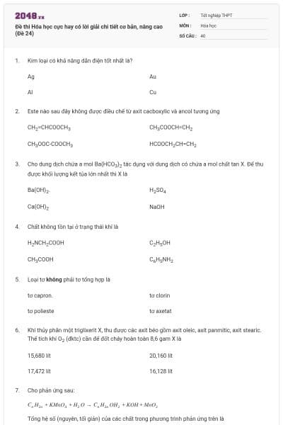 Đề thi Hóa học cực hay có lời giải chi tiết cơ bản, nâng cao (Đề 24)