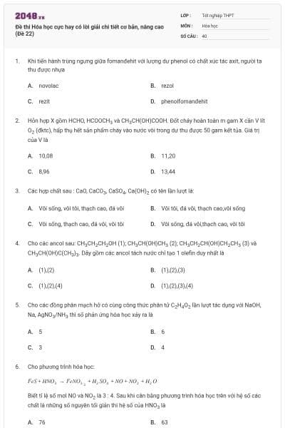 Đề thi Hóa học cực hay có lời giải chi tiết cơ bản, nâng cao (Đề 22)