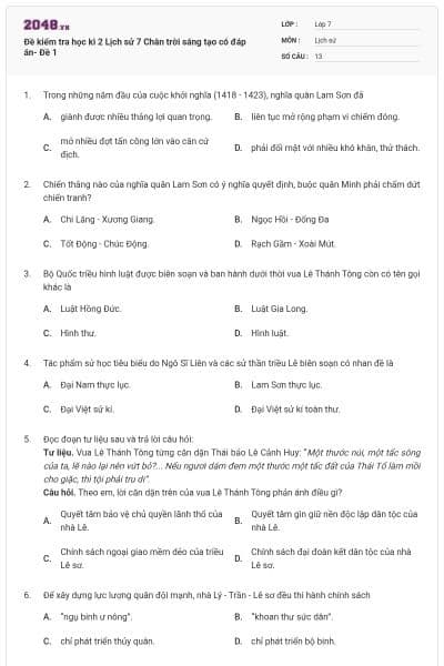 Đề kiểm tra học kì 2 Lịch sử 7 Chân trời sáng tạo có đáp án- Đề 1